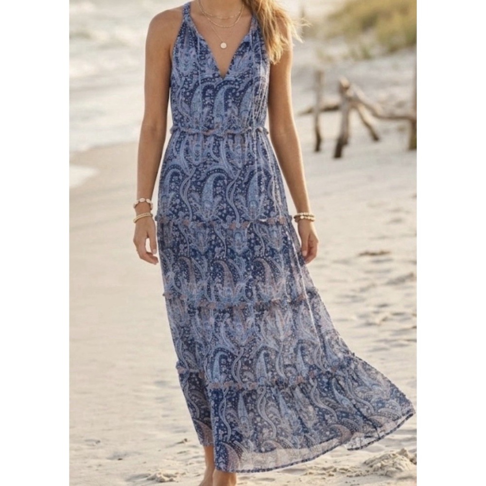 NWT Caroline Constas Maxi Dress L Navy Blue Paisley Tiered Halter Neck Revolve